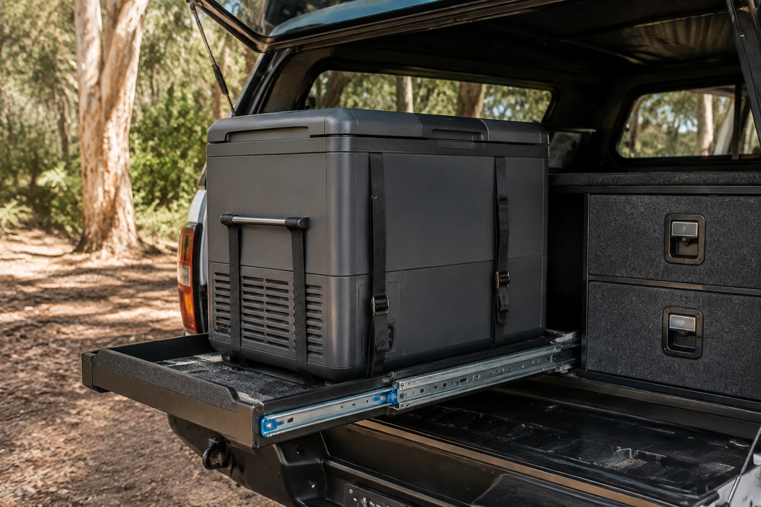 Camping fridge secured on a slide in a 4x4 canopy