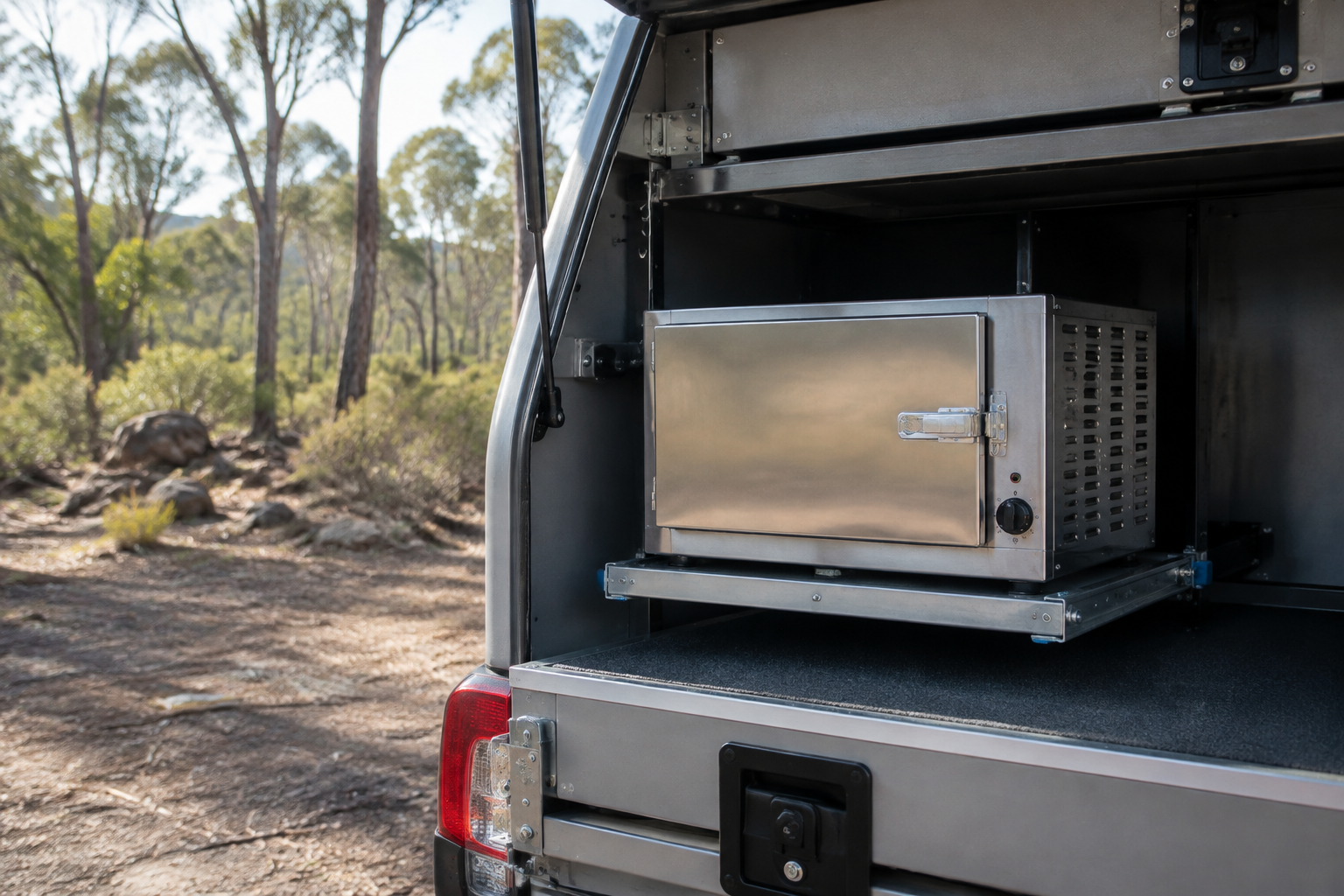 Compact stainless steel travel oven mounted in a touring canopy