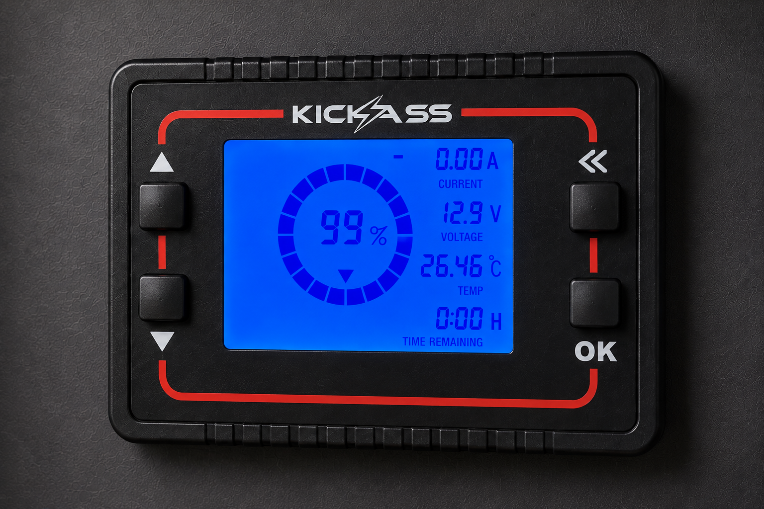 Close-up of a KickAss battery monitoring display