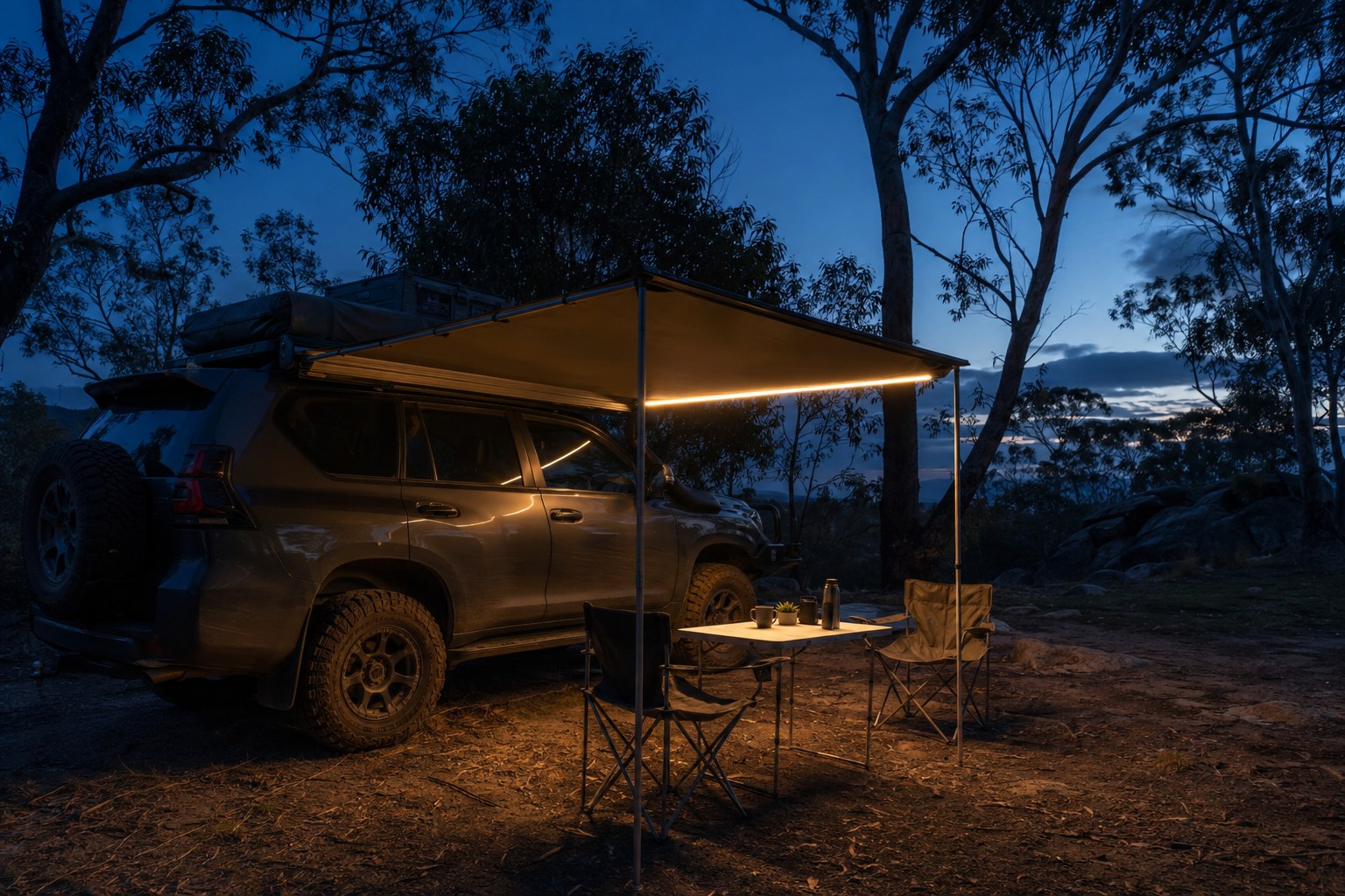 Warm awning lighting over a campsite table and chairs