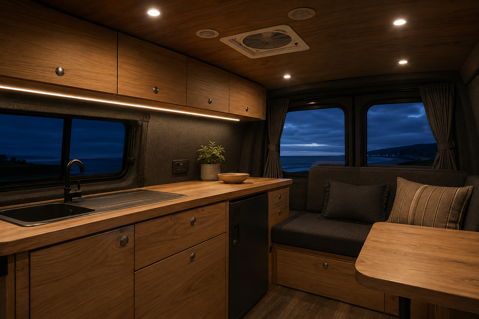 Warm interior lighting in a campervan kitchenette