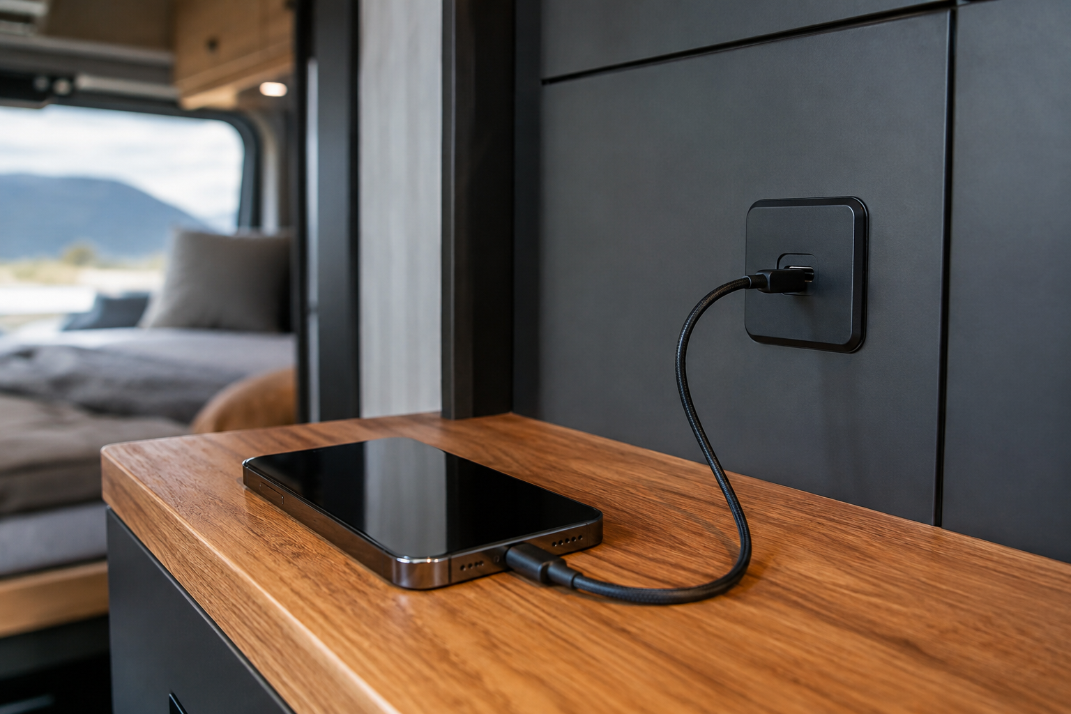 Phone connected to a USB-C charging point beside a camper bed