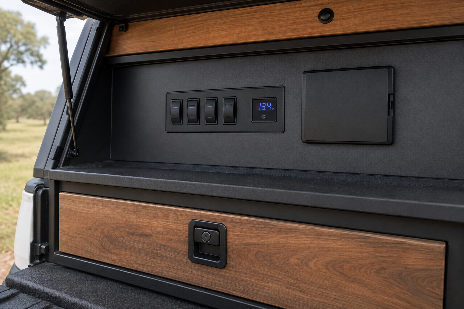 Four-switch 12V control panel with a voltmeter and closed enclosure in a canopy
