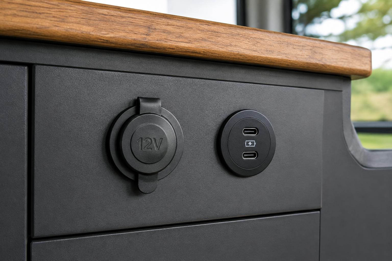12V accessory socket and dual USB-C outlets mounted in camper cabinetry