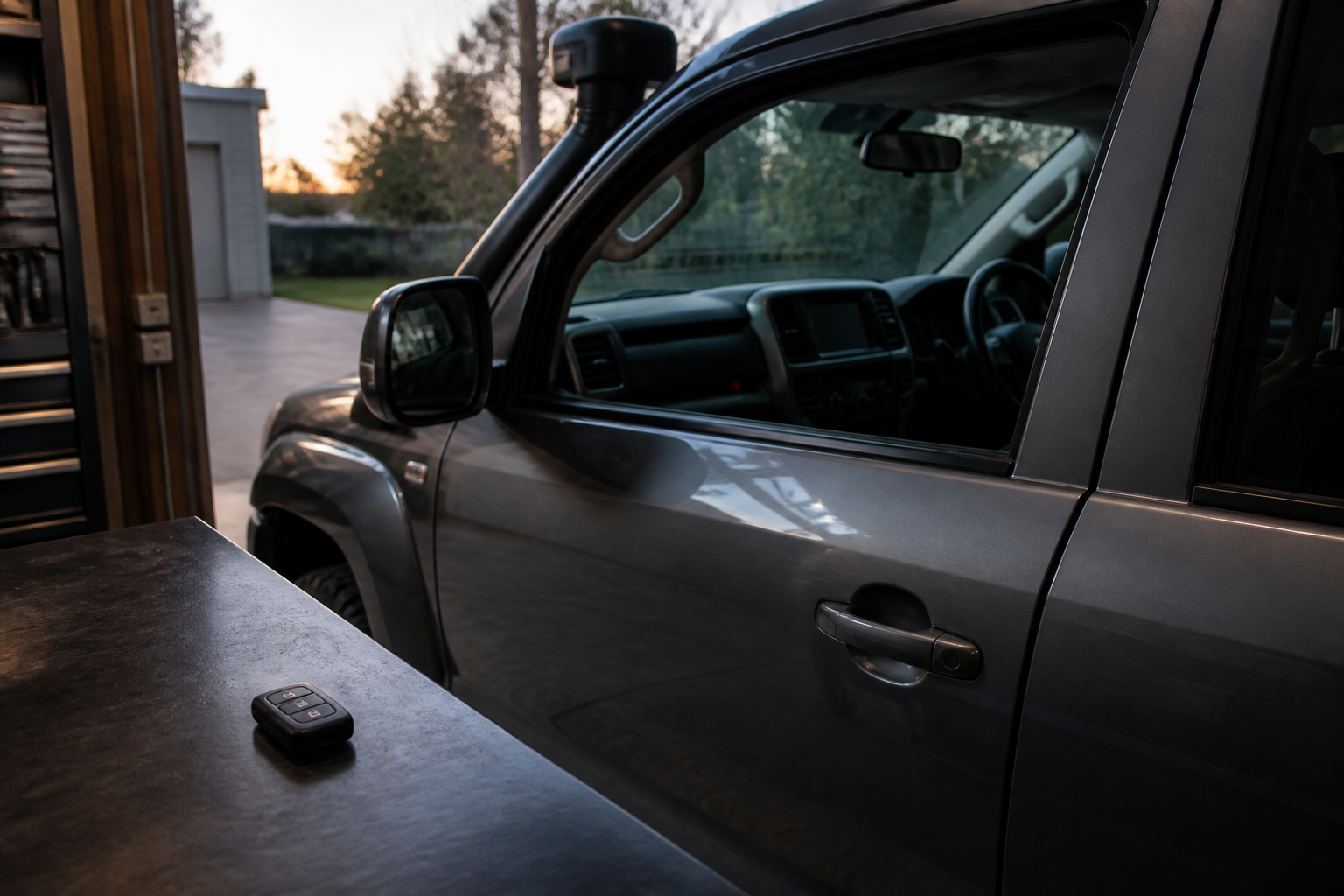 Parked 4x4 with a security indicator and remote key fob