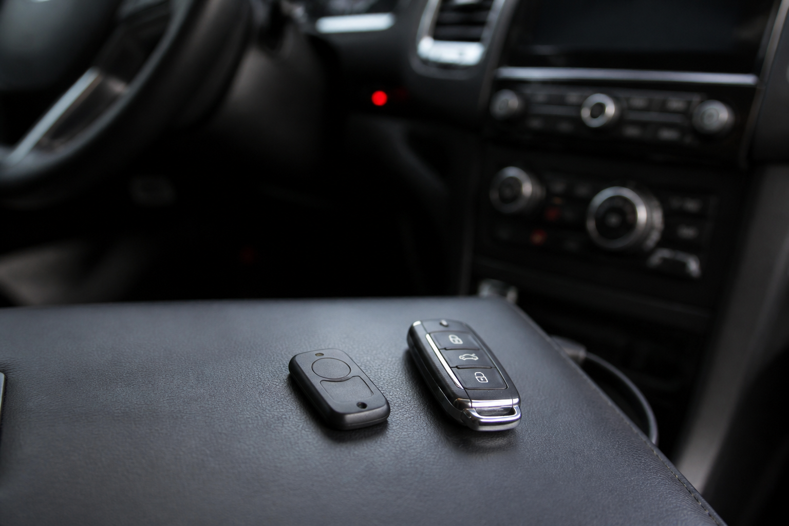 Vehicle security tag and key fob on a centre console