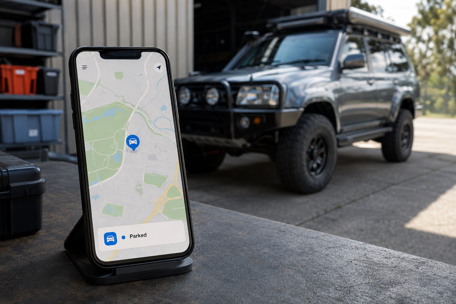 Phone showing a vehicle location map beside a parked touring 4x4