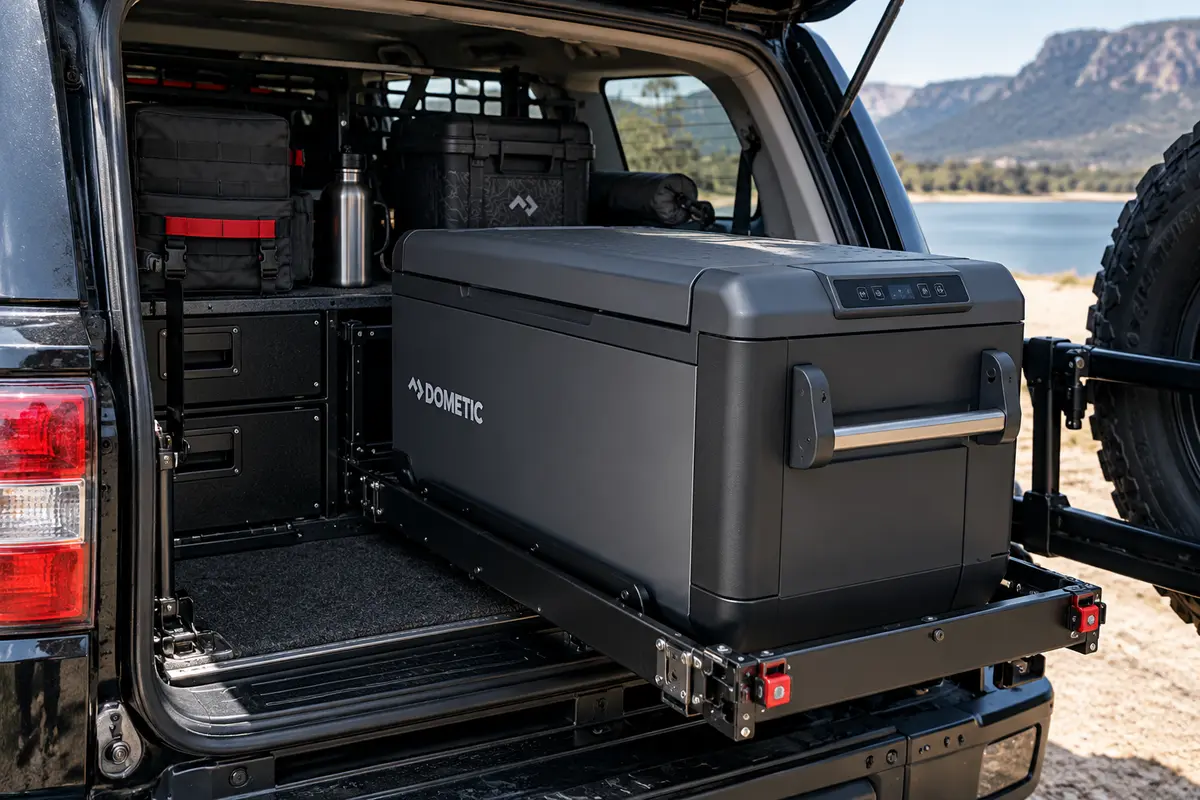 Dometic vehicle fridge installed on a slide in a 4x4