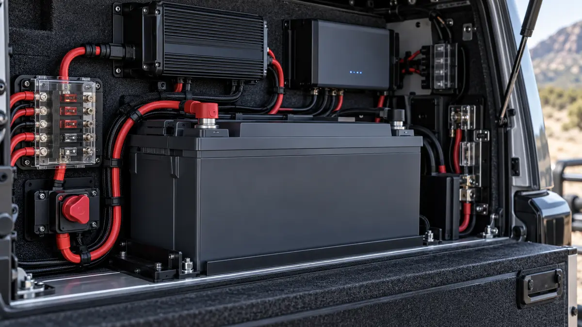 Modern lithium auxiliary battery installation in a 4x4 canopy