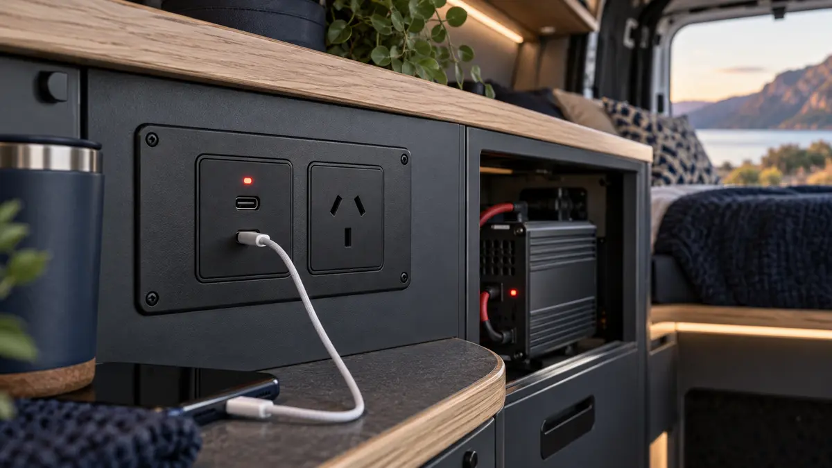 USB-C charger and Australian 240V outlet installed in a campervan