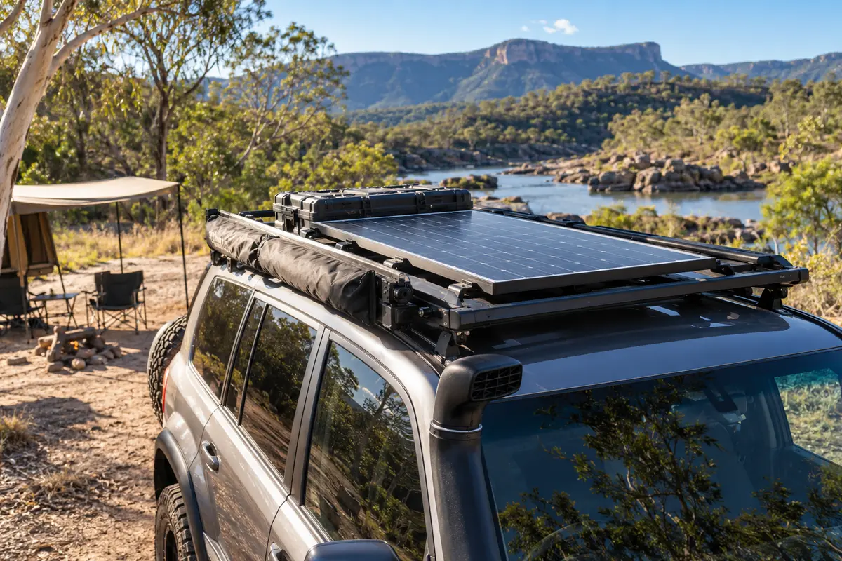 Solar panel mounted on the roof of a touring 4x4