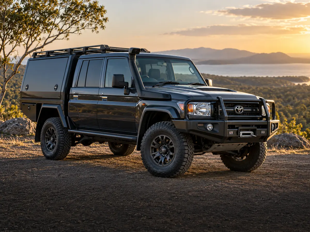 LandCruiser dual-cab ute in a Queensland landscape