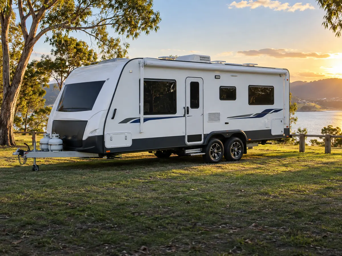 Family-sized dual-axle caravan at a Queensland campsite