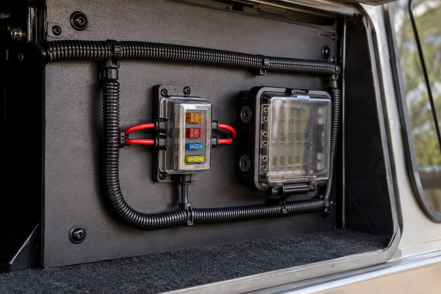 Auxiliary fuse distribution and protected cable routing in a vehicle canopy