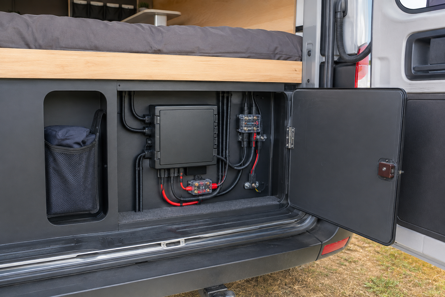 Auxiliary electrical service cupboard beneath a campervan bed