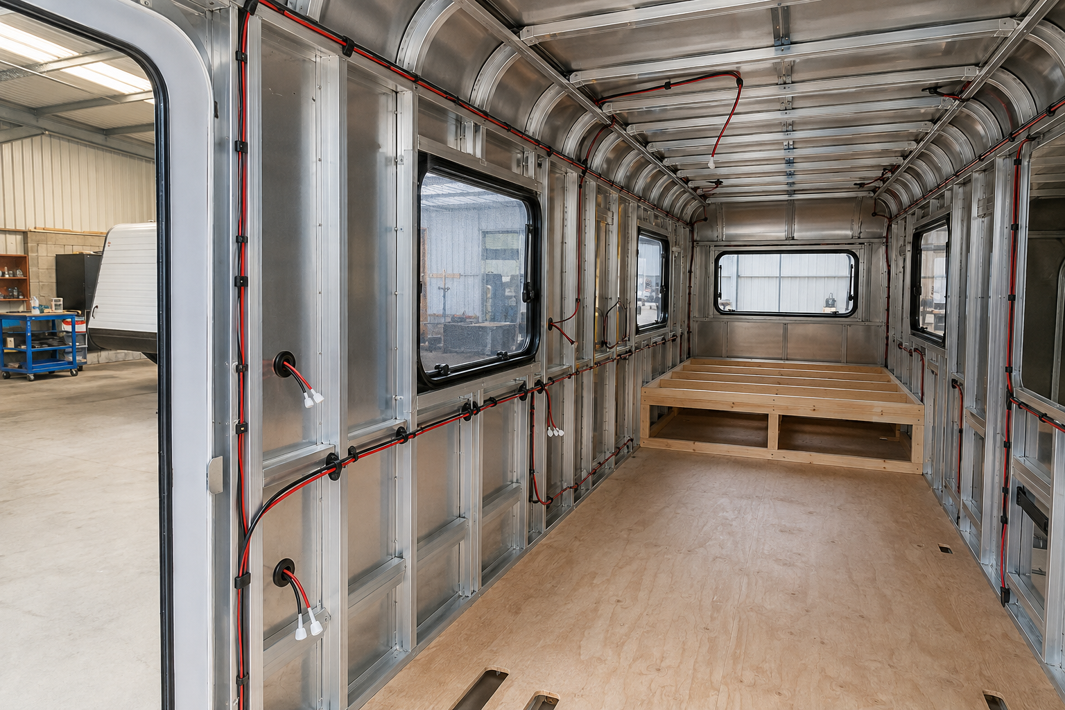 Half-built caravan interior with exposed framing and red and black auxiliary wiring