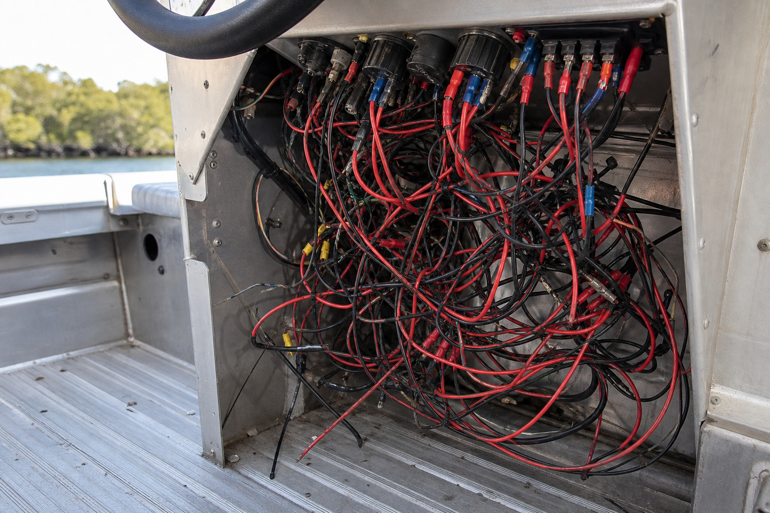 Tangled wiring beneath an aluminium tinny steering console before repairs